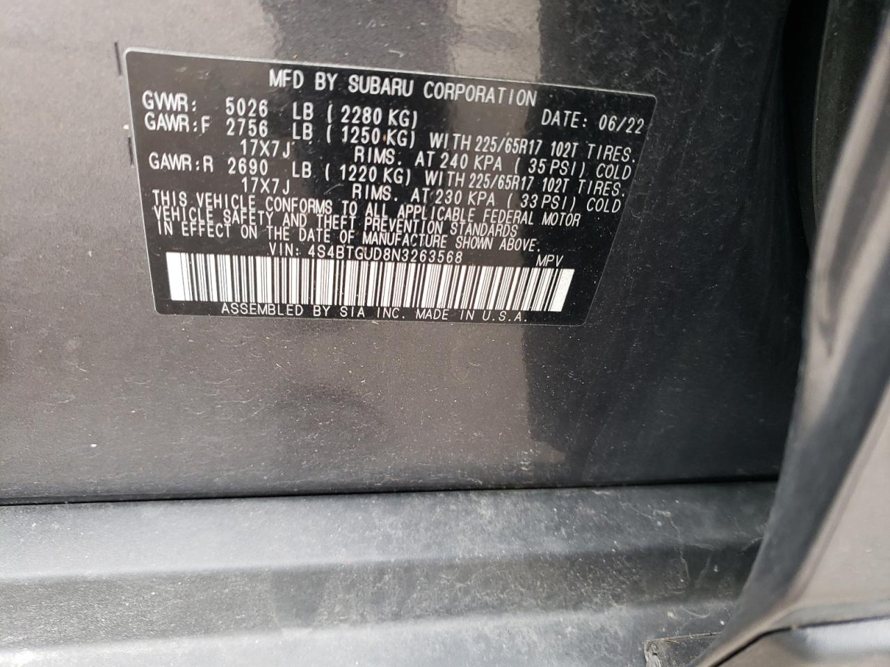 2022 SUBARU OUTBACK WILDERNESS VIN:4S4BTGUD8N3263568