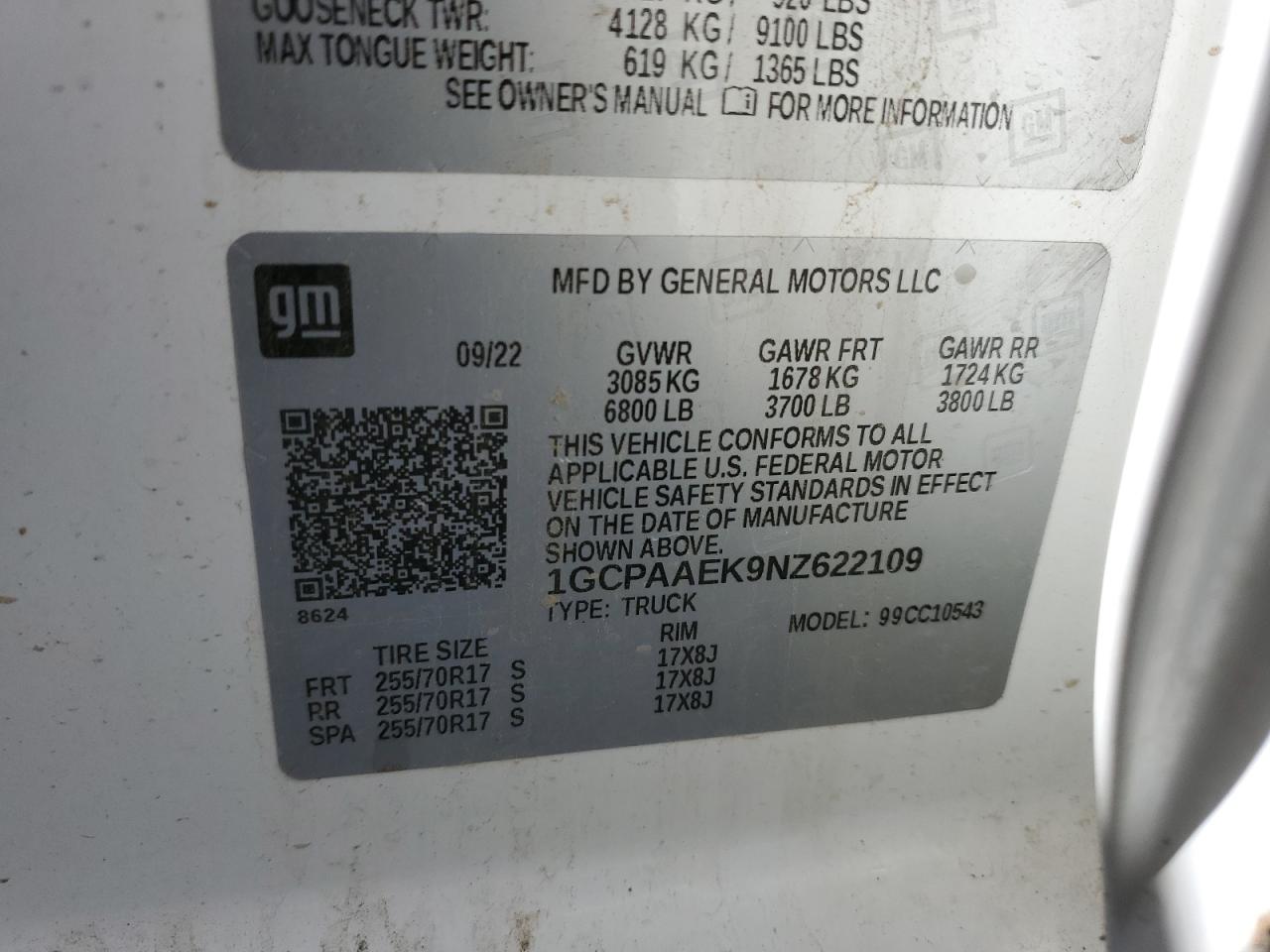 2022 CHEVROLET SILVERADO C1500 VIN:1GCPAAEK9NZ622109