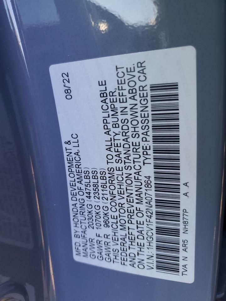 2022 HONDA ACCORD SPORT SE VIN:1HGCV1F42NA071864