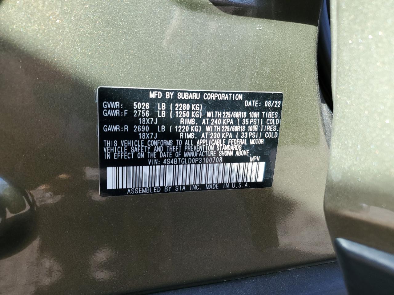 2023 SUBARU OUTBACK ONYX EDITION XT VIN:4S4BTGLD0P3100708