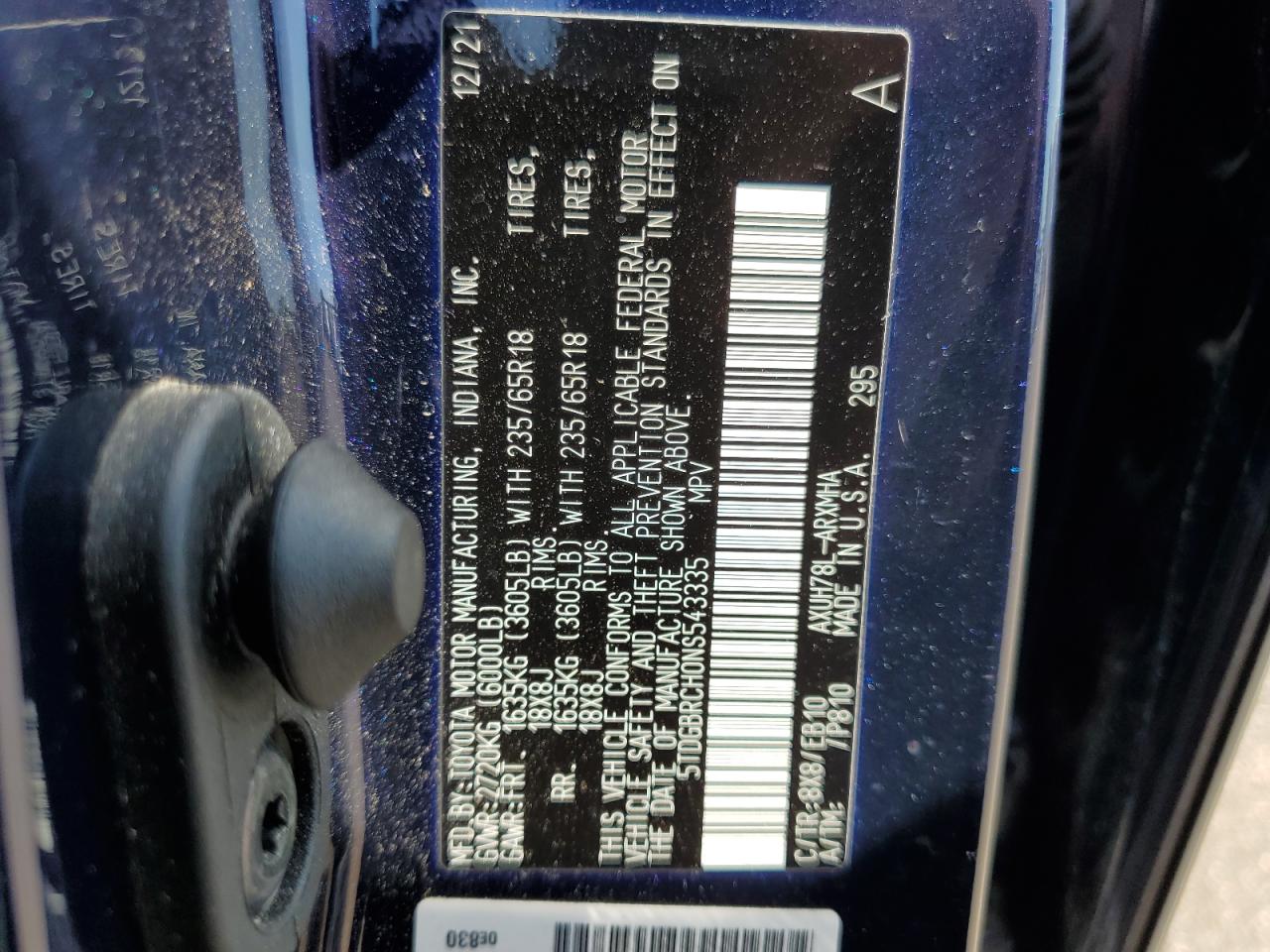 2022 TOYOTA HIGHLANDER HYBRID XLE VIN:5TDGBRCH0NS543335