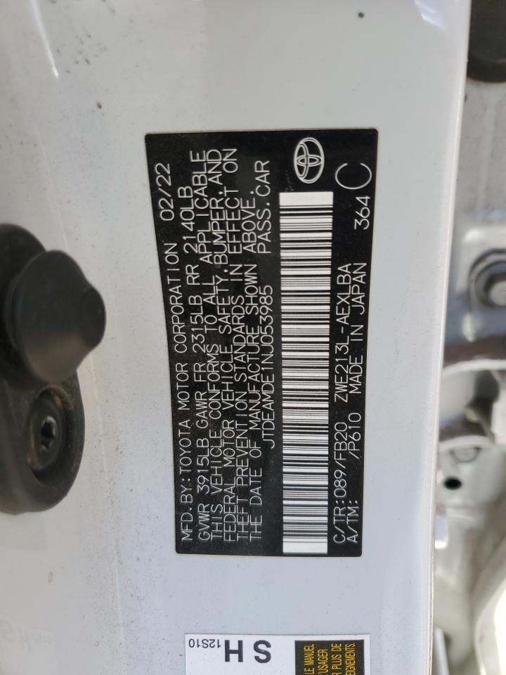 2022 TOYOTA COROLLA LE VIN:JTDEAMDE1NJ053985