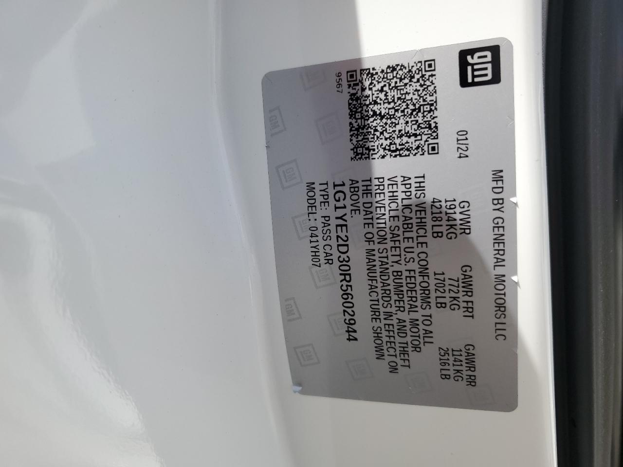 2024 CHEVROLET CORVETTE Z06 2LZ VIN:1G1YE2D30R5602944