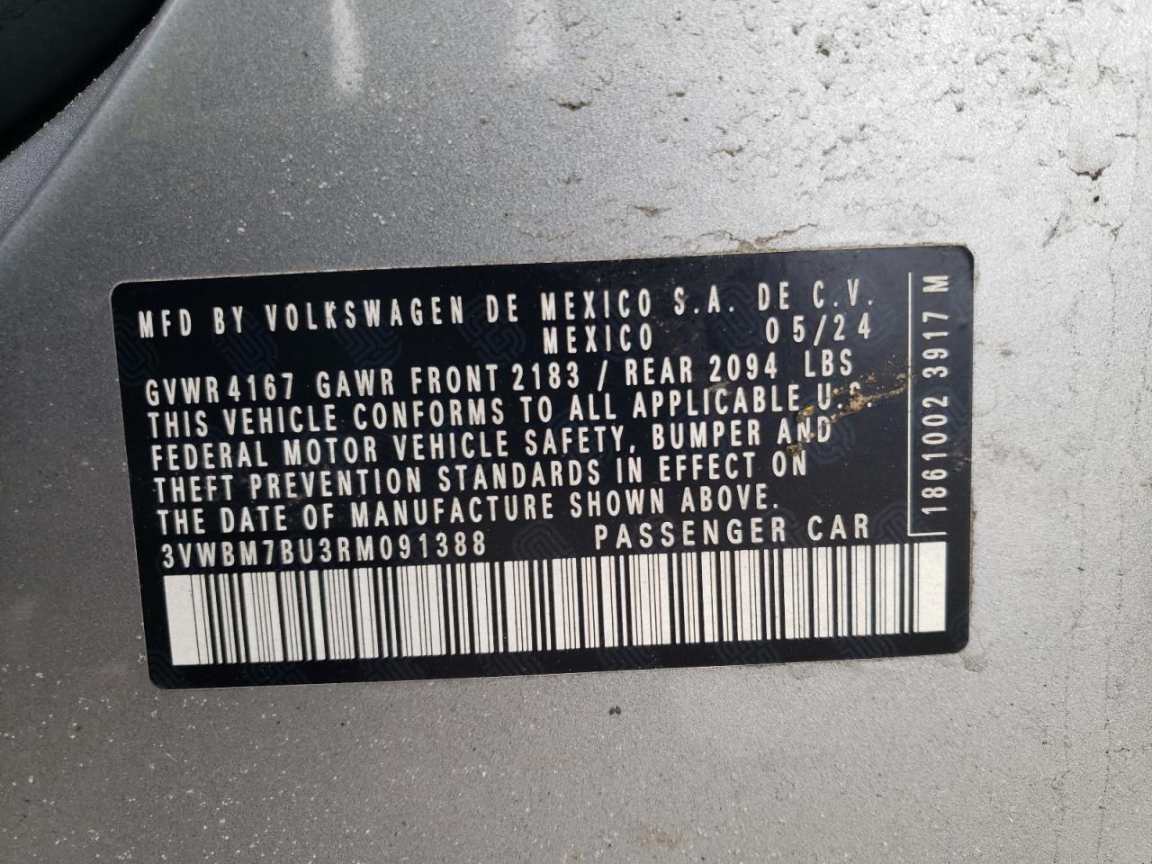 2024 VOLKSWAGEN JETTA SPORT VIN:3VWBM7BU3RM091388