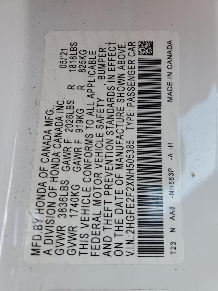 2022 HONDA CIVIC LX VIN:2HGFE2F2XNH505385
