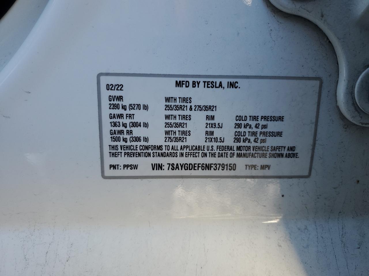 2022 TESLA MODEL Y VIN:7SAYGDEF6NF379150