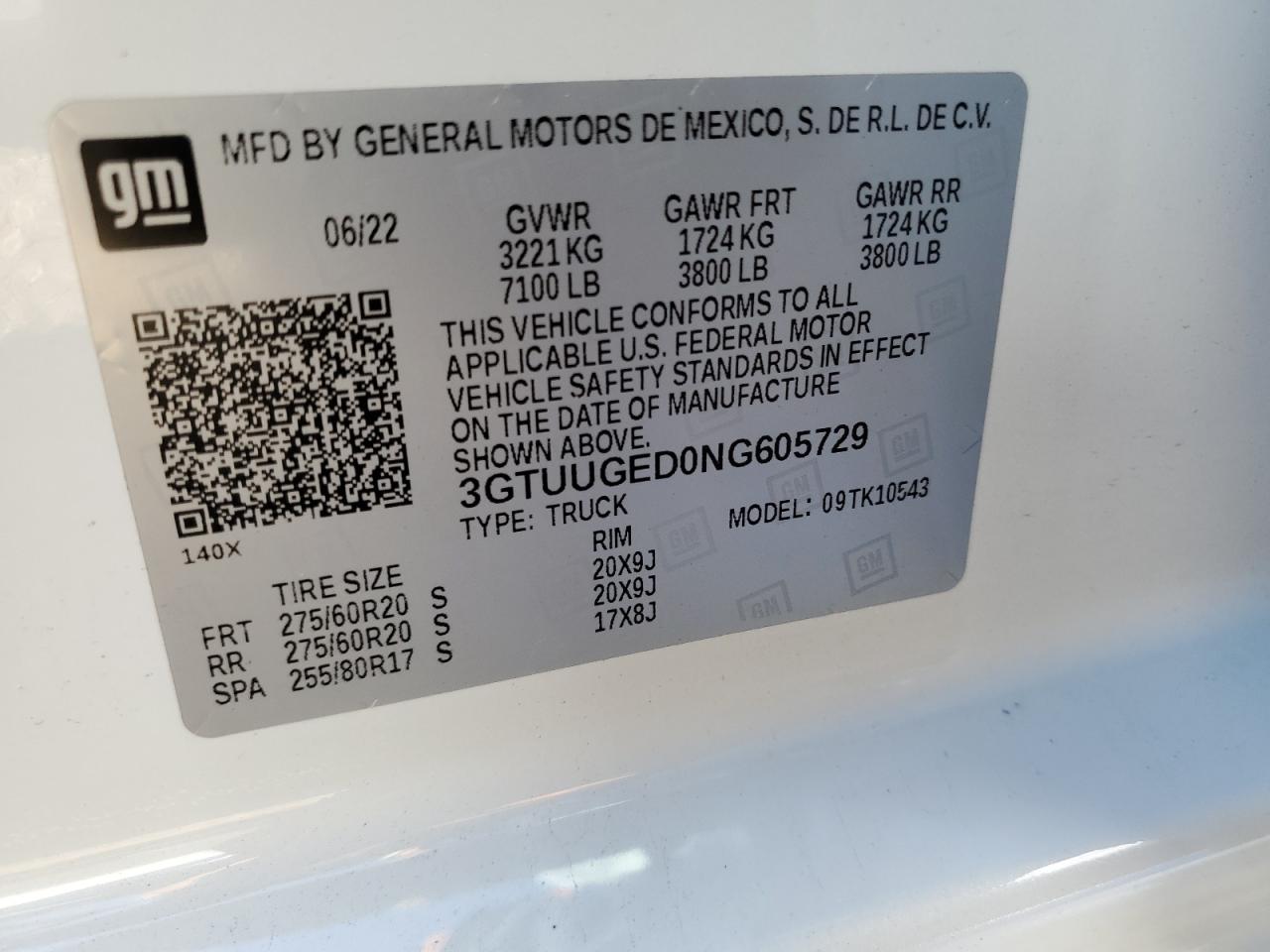 2022 GMC SIERRA K1500 DENALI VIN:3GTUUGED0NG605729