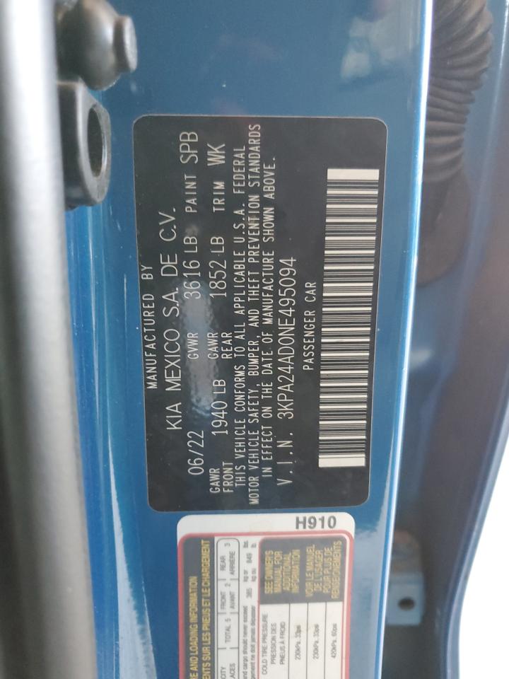 2022 KIA RIO LX VIN:3KPA24AD0NE495094
