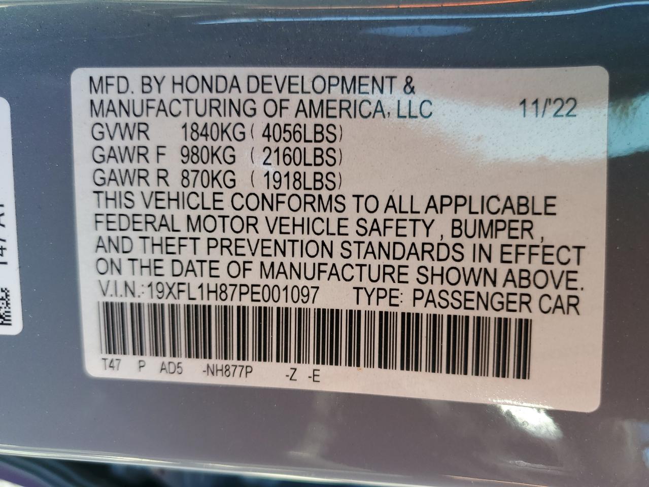 2023 HONDA CIVIC SPORT TOURING VIN:19XFL1H87PE001097