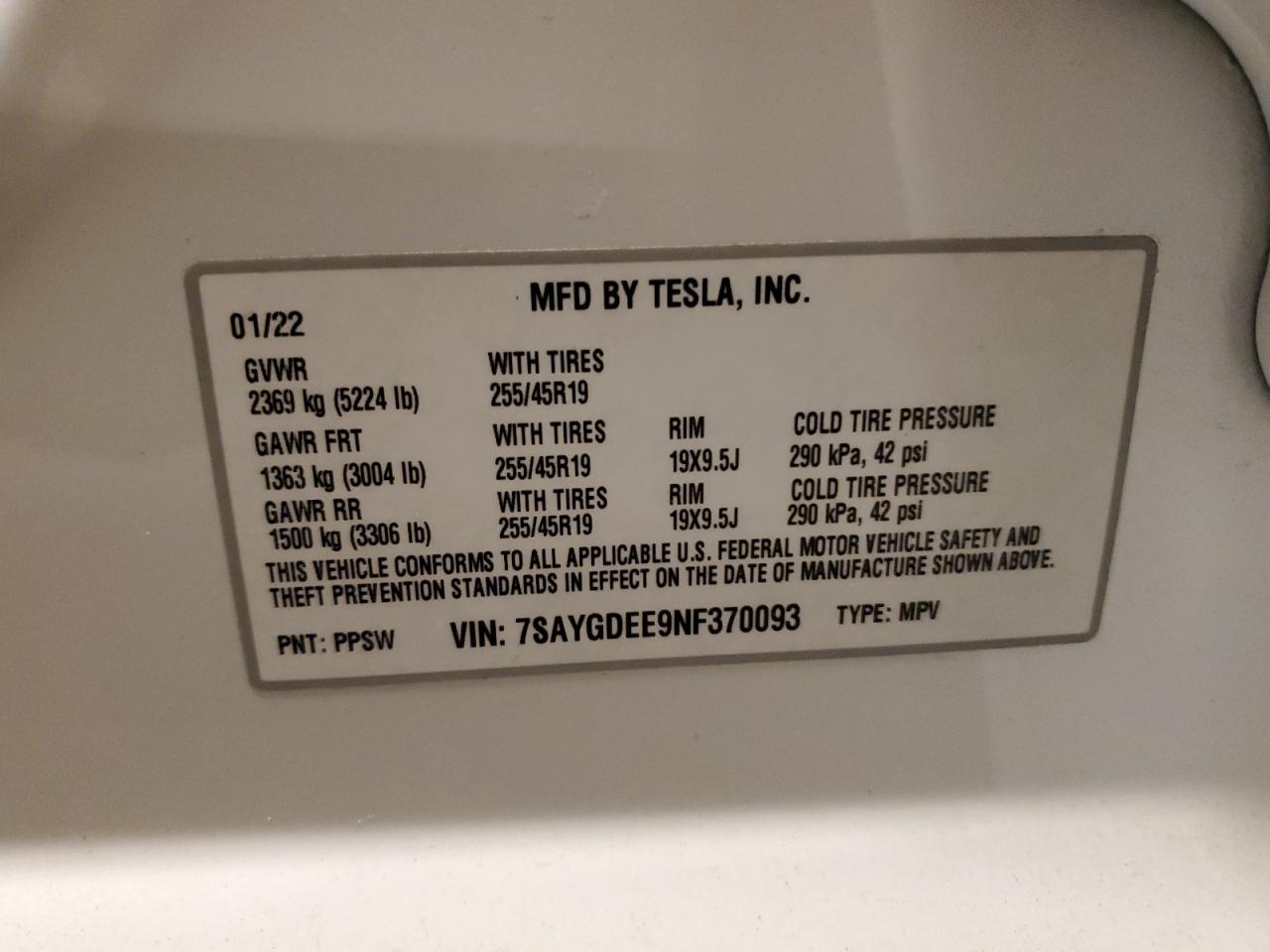 2022 TESLA MODEL Y VIN:7SAYGDEE9NF370093