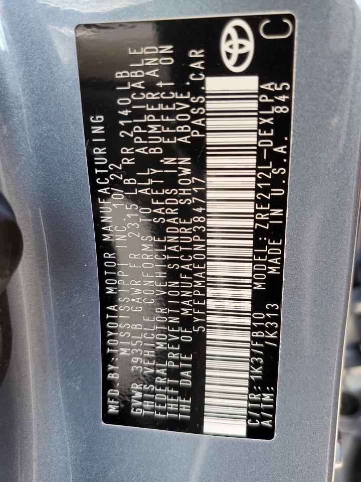 2022 TOYOTA COROLLA LE VIN:5YFEPMAE0NP384717