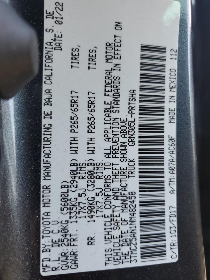 2022 TOYOTA TACOMA DOUBLE CAB VIN:3TMCZ5AN1NM482458