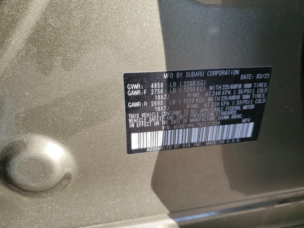 2022 SUBARU OUTBACK LIMITED VIN:4S4BTANC7N3221234