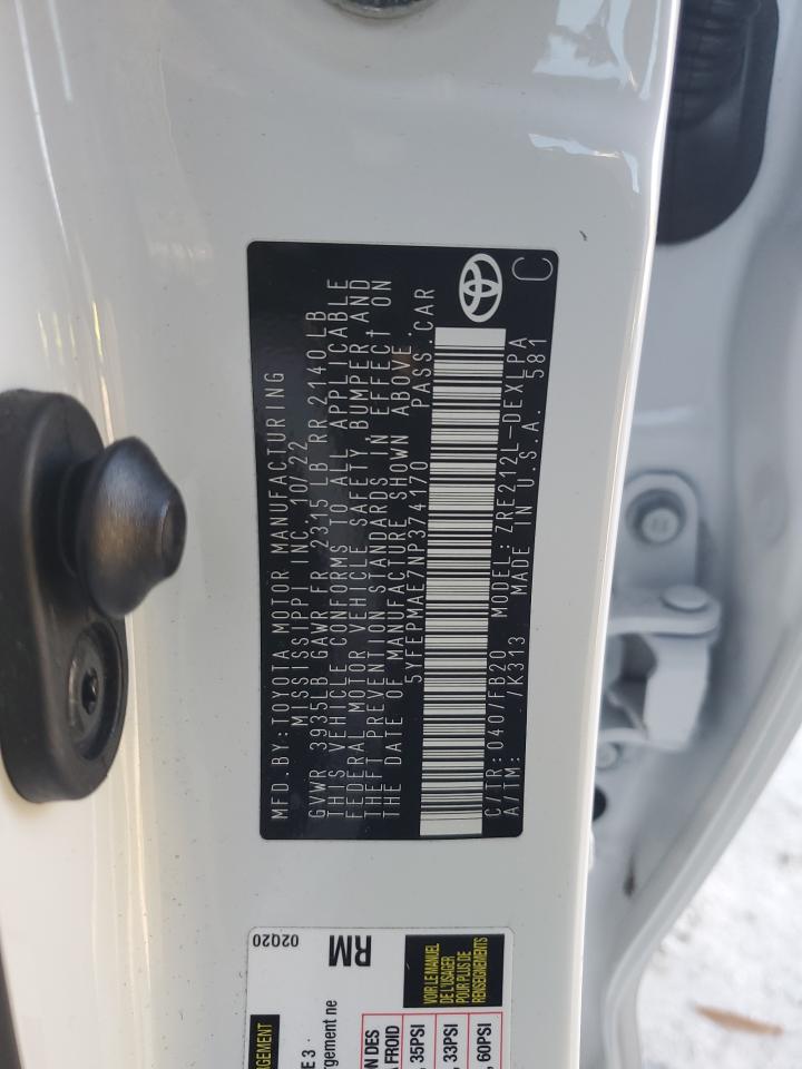 2022 TOYOTA COROLLA LE VIN:5YFEPMAE7NP374170