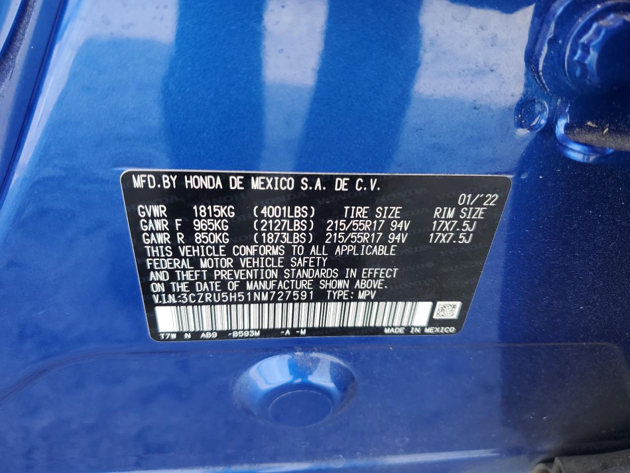 2022 HONDA HR-V EX VIN:3CZRU5H51NM727591