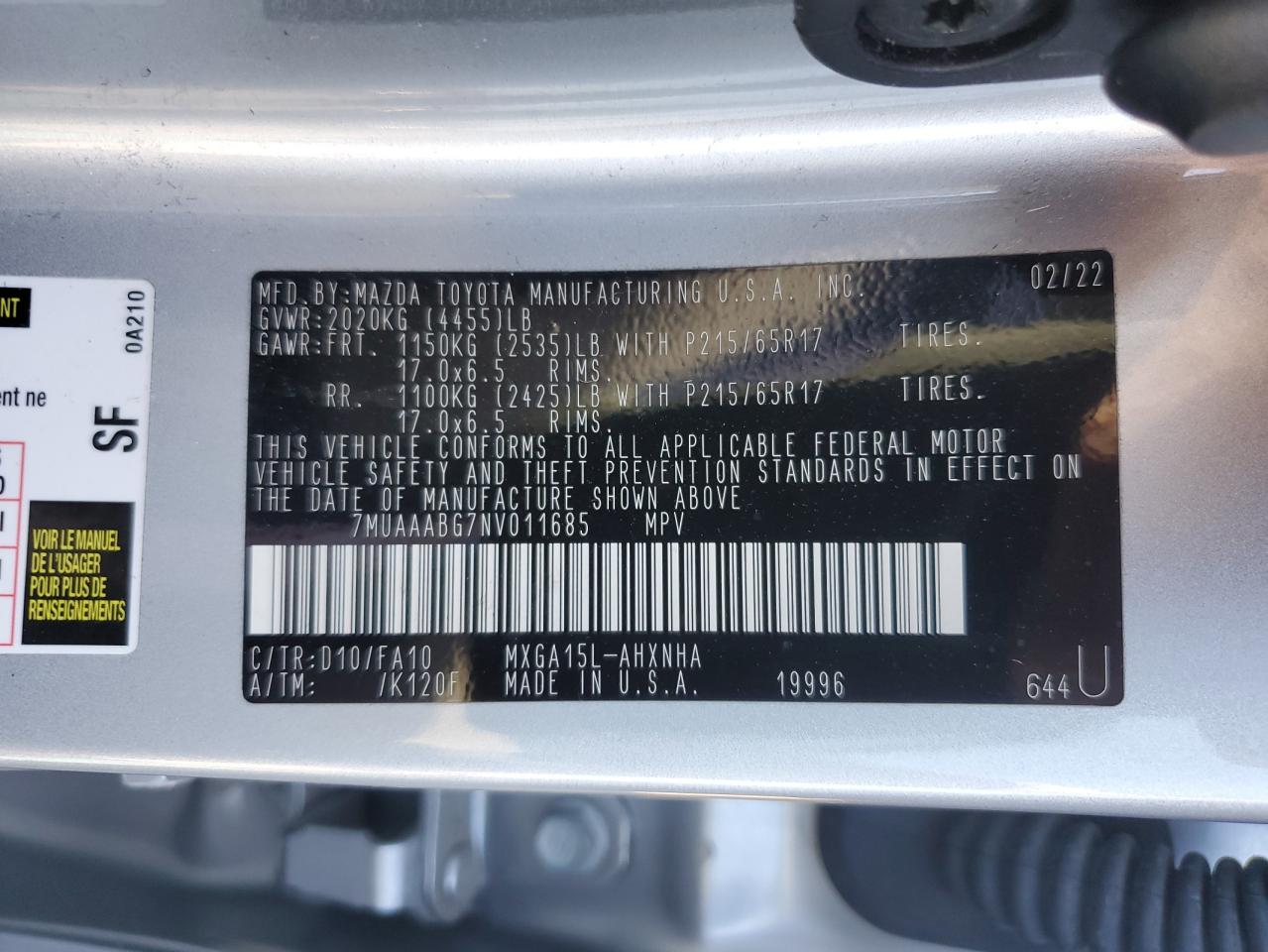 2022 TOYOTA COROLLA CROSS L VIN:7MUAAABG7NV011685