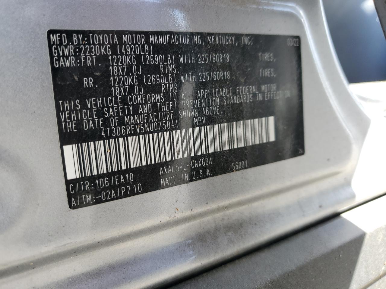 2022 TOYOTA RAV4 LIMITED VIN:4T3D6RFV5NU075044