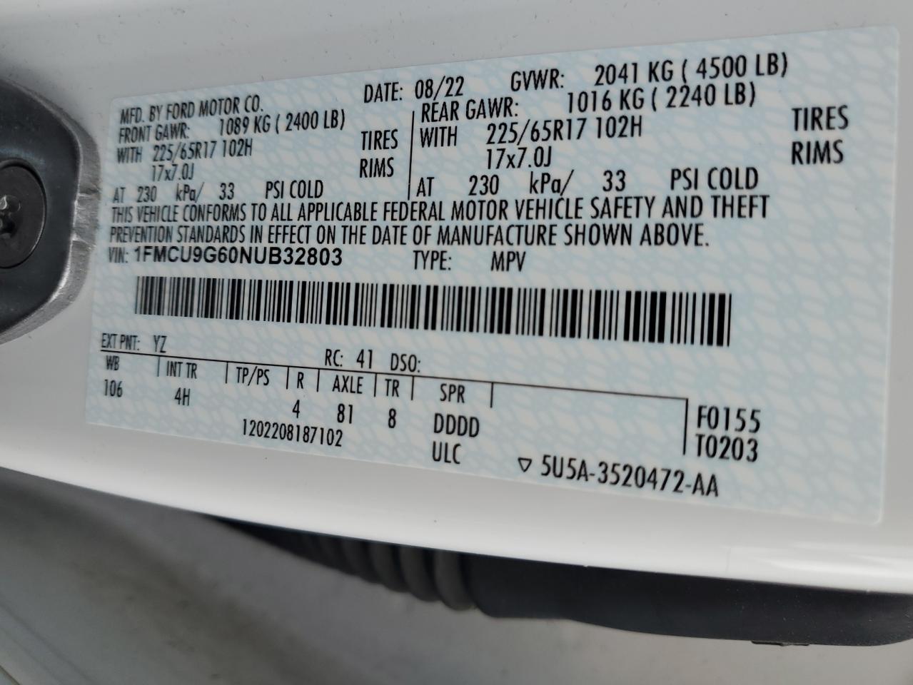 2022 FORD ESCAPE SE VIN:1FMCU9G60NUB32803