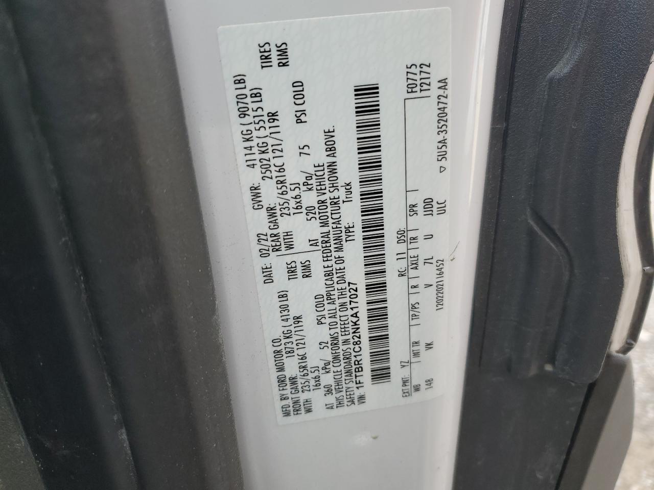 2022 FORD TRANSIT T-250 VIN:1FTBR1C82NKA17027