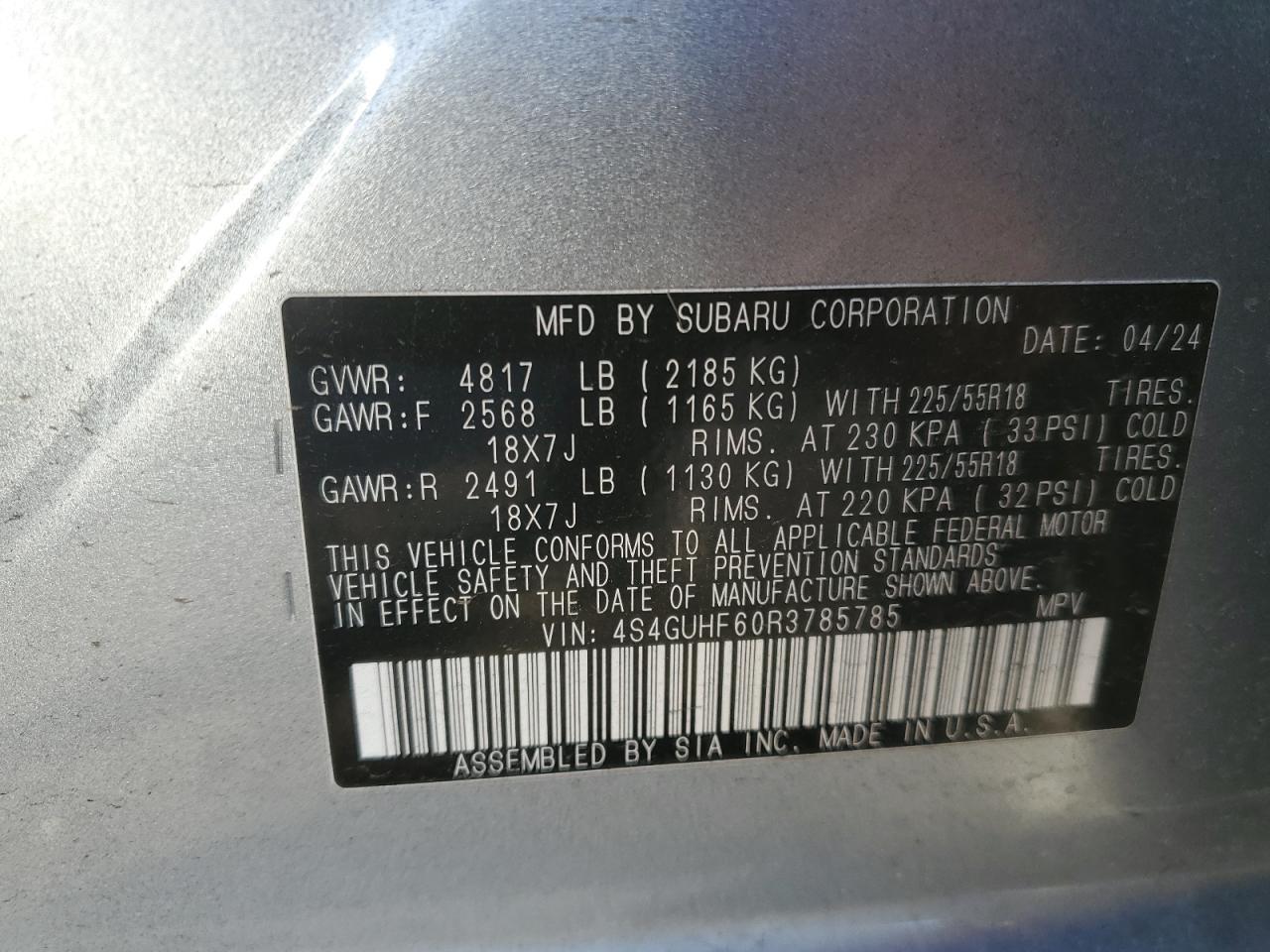 2024 SUBARU CROSSTREK SPORT VIN:4S4GUHF60R3785785