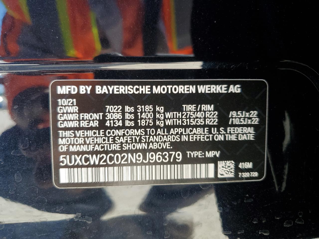 2022 BMW X7 XDRIVE40I VIN:5UXCW2C02N9J96379