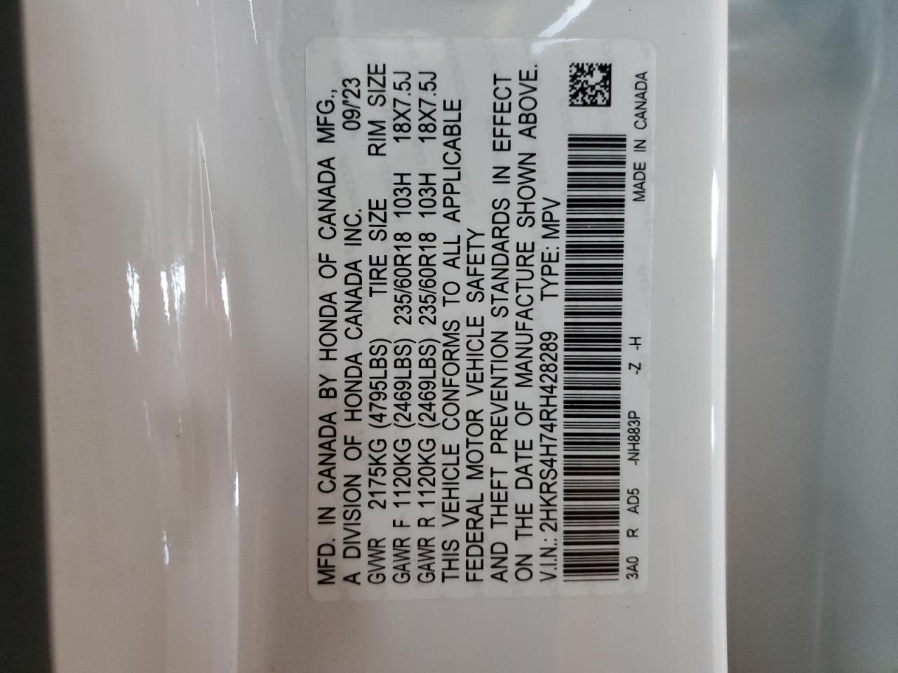 2024 HONDA CR-V EXL VIN:2HKRS4H74RH428289