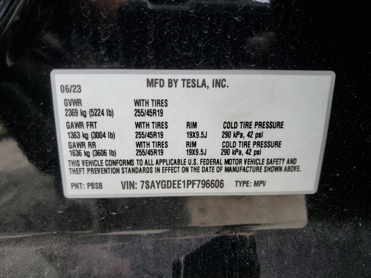 2023 TESLA MODEL Y VIN:7SAYGDEE1PF796606