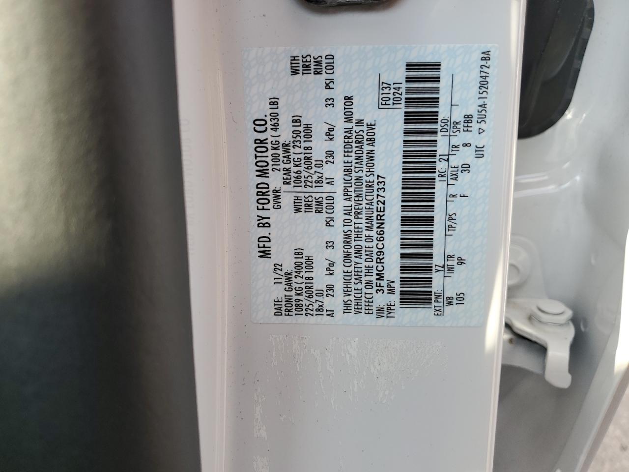 2022 FORD BRONCO SPORT OUTER BANKS VIN:3FMCR9C66NRE27337