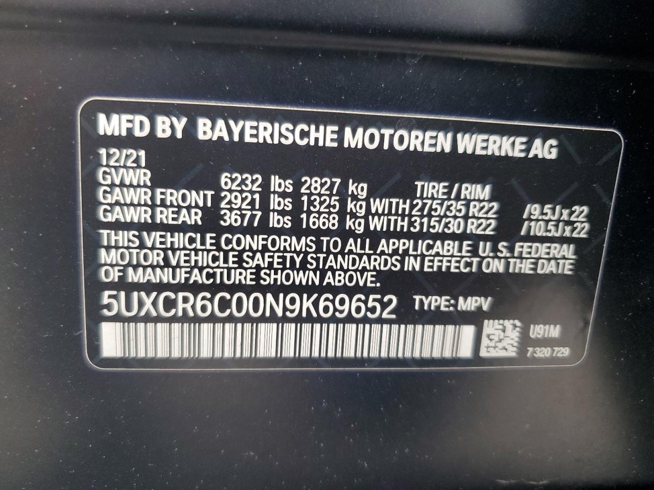 2022 BMW X5 XDRIVE40I VIN:5UXCR6C00N9K69652