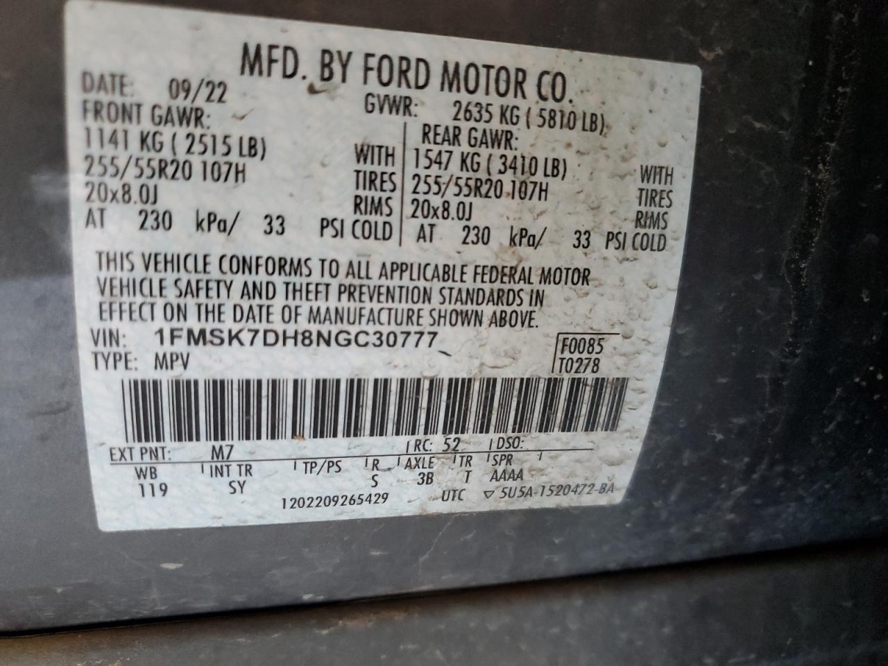 2022 FORD EXPLORER XLT VIN:1FMSK7DH8NGC30777