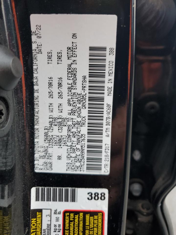 2022 TOYOTA TACOMA DOUBLE CAB VIN:3TMCZ5AN9NM517635