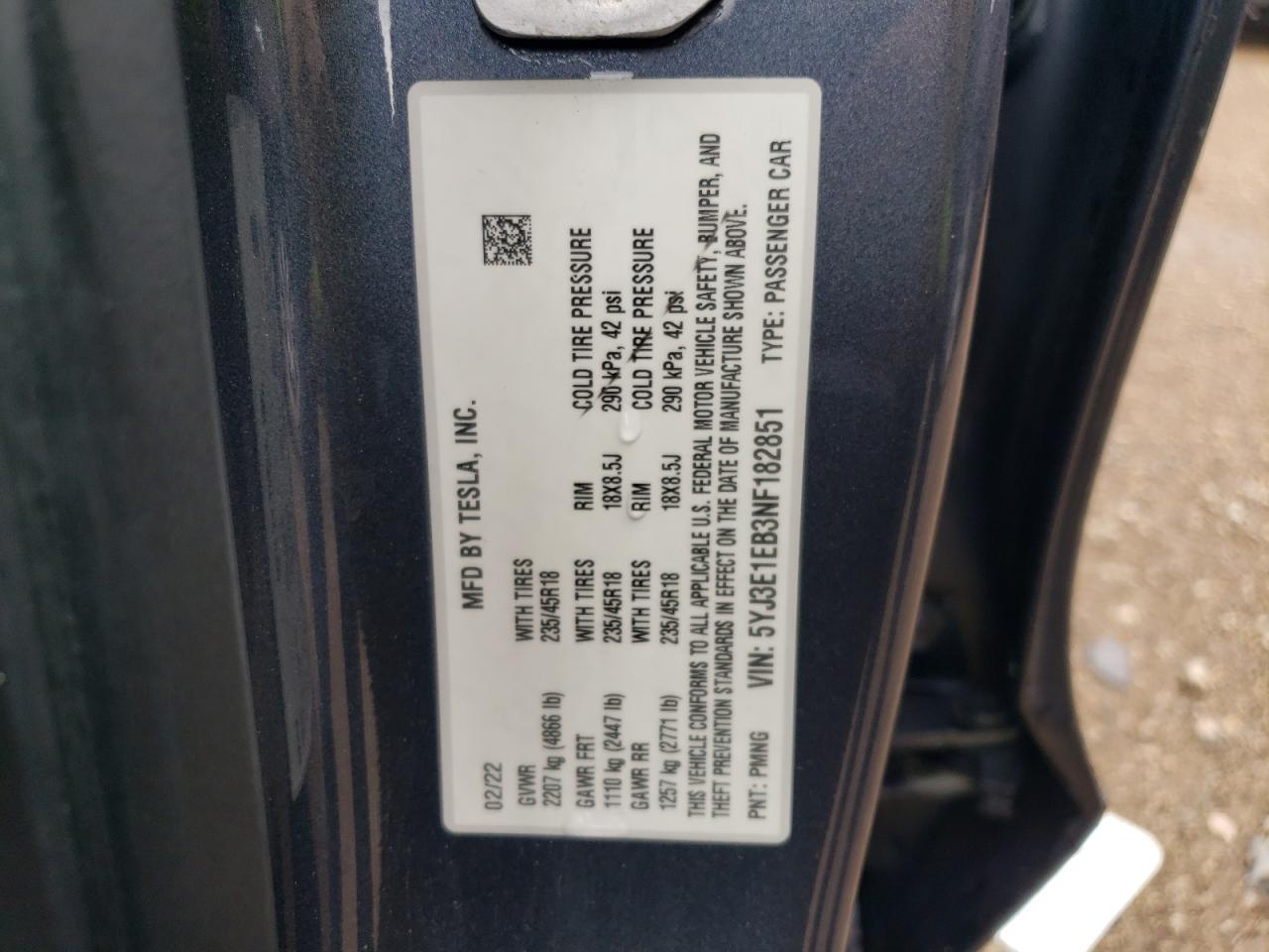 2022 TESLA MODEL 3 VIN:5YJ3E1EB3NF182851