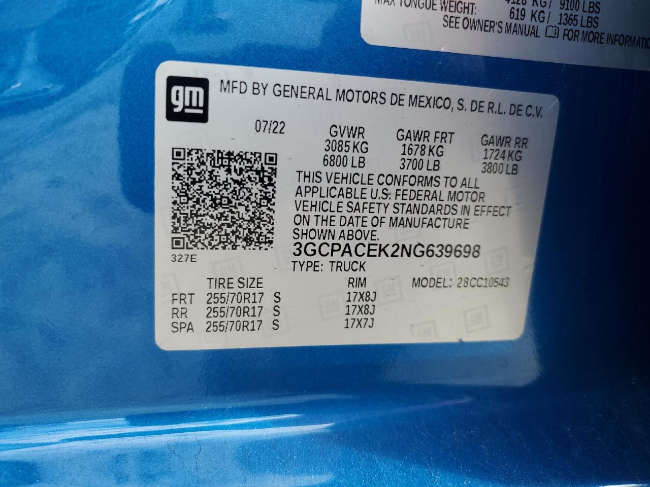 2022 CHEVROLET SILVERADO C1500 LT VIN:3GCPACEK2NG639698