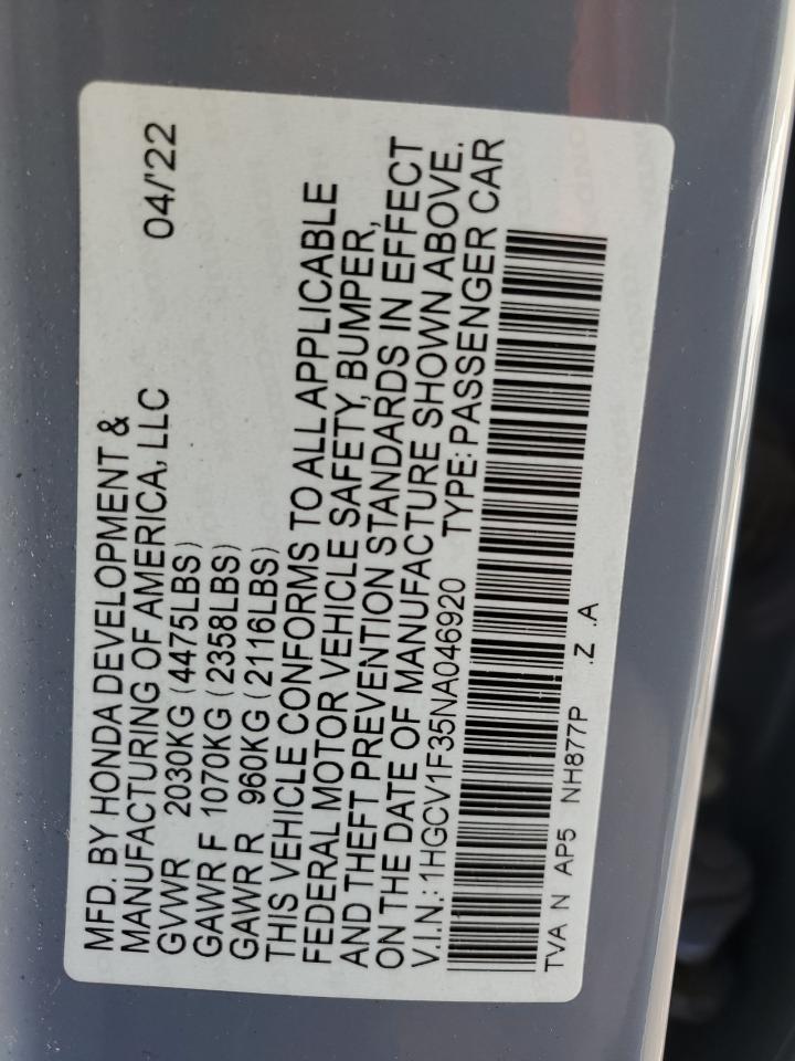2022 HONDA ACCORD SPORT VIN:1HGCV1F35NA046920