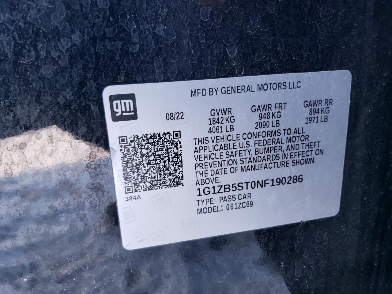 2022 CHEVROLET MALIBU LS VIN:1G1ZB5ST0NF190286