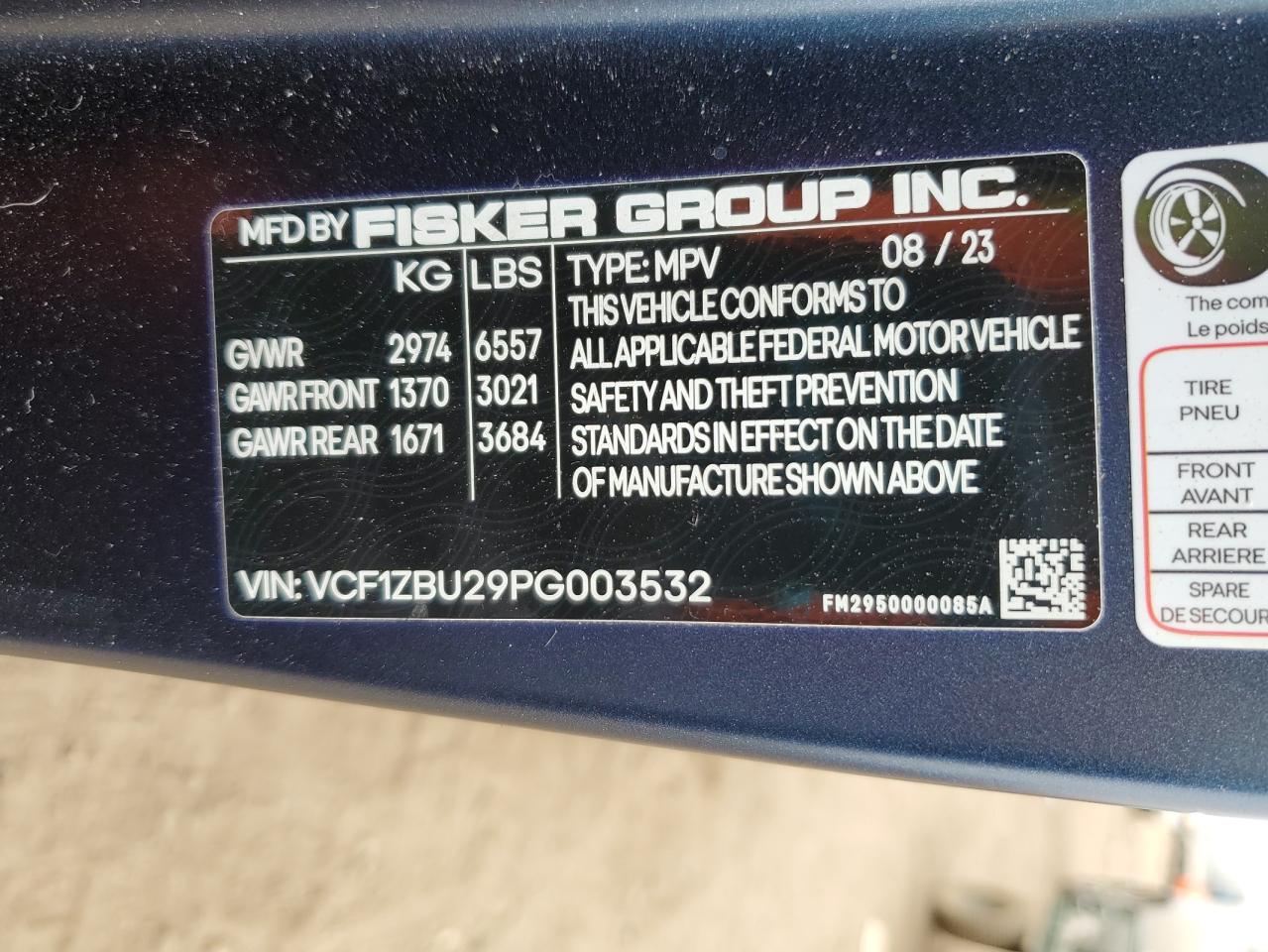2023 FISKER INC. OCEAN OCEAN ONE VIN:VCF1ZBU29PG003532