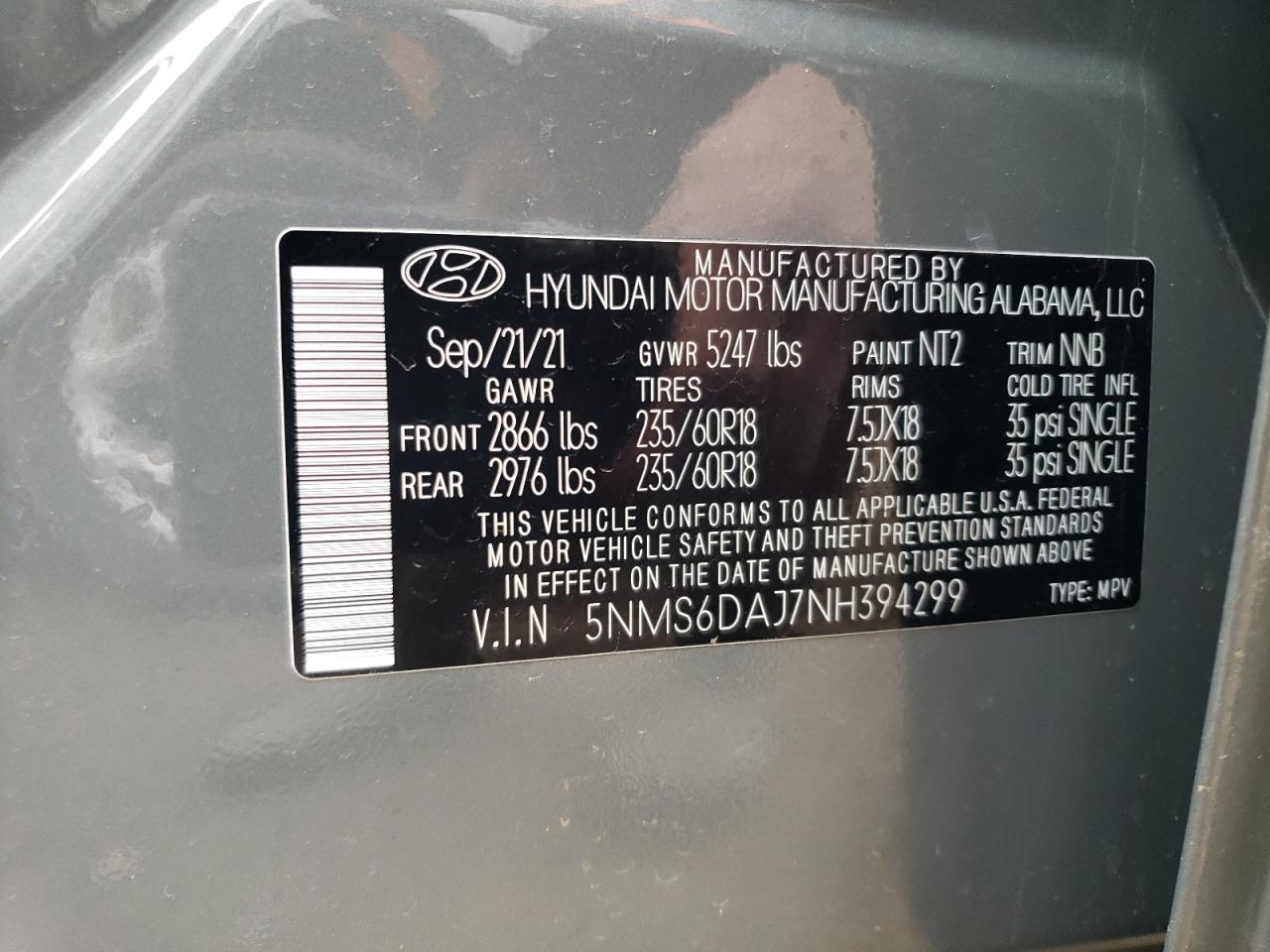2022 HYUNDAI SANTA FE SEL VIN:5NMS6DAJ7NH394299