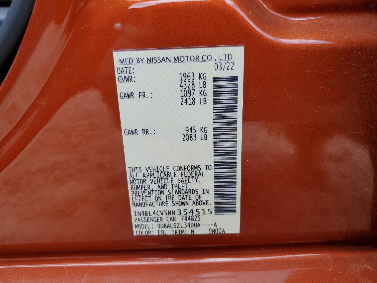 2022 NISSAN ALTIMA SR VIN:1N4BL4CV5NN354515