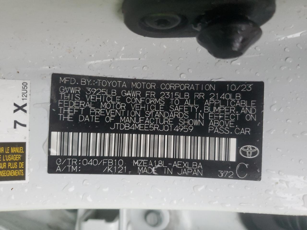 2024 TOYOTA COROLLA LE VIN:JTDB4MEE5RJ014959