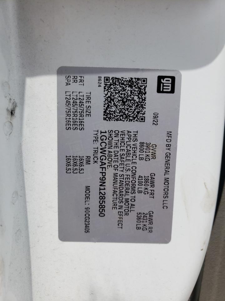 2022 CHEVROLET EXPRESS G2500 VIN:1GCWGAFP9N1285850