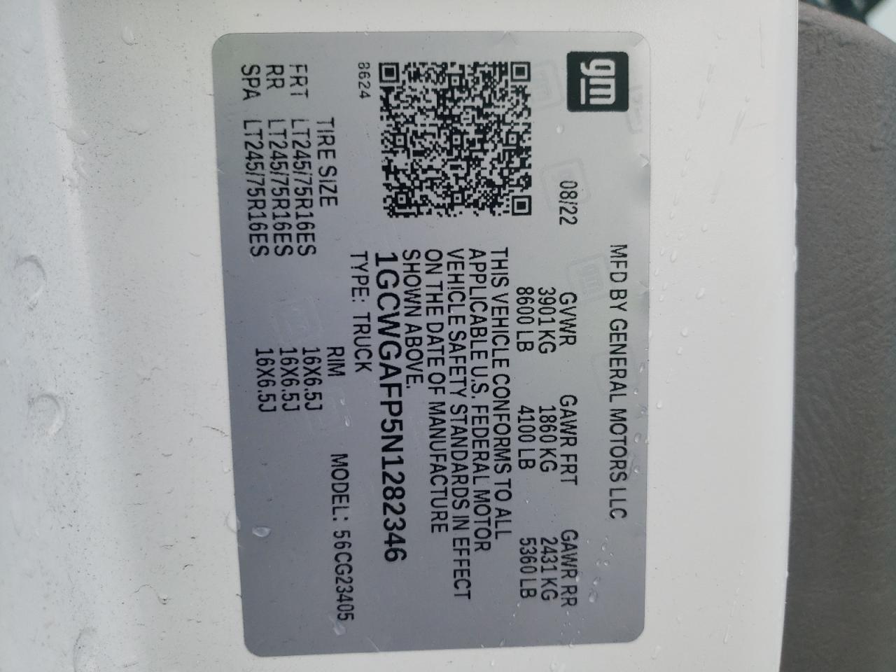 2022 CHEVROLET EXPRESS G2500 VIN:1GCWGAFP5N1282346