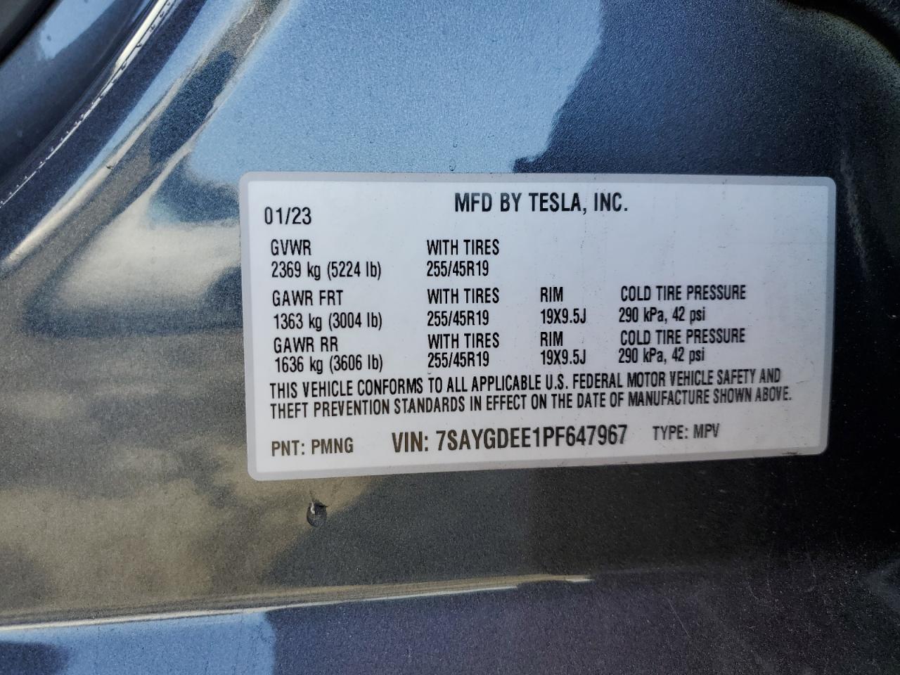 2023 TESLA MODEL Y VIN:7SAYGDEE1PF647967