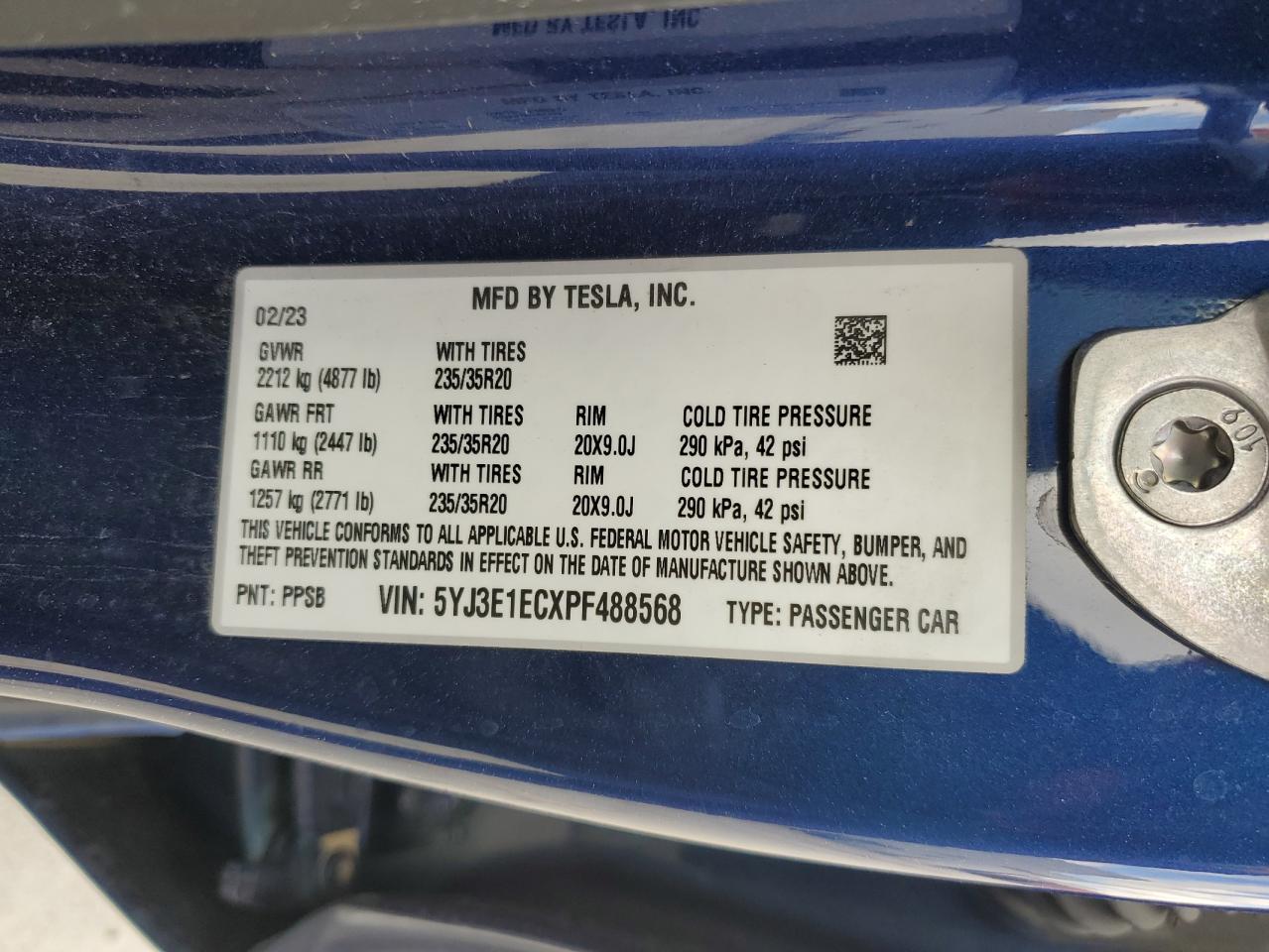 2023 TESLA MODEL 3 VIN:5YJ3E1ECXPF488568