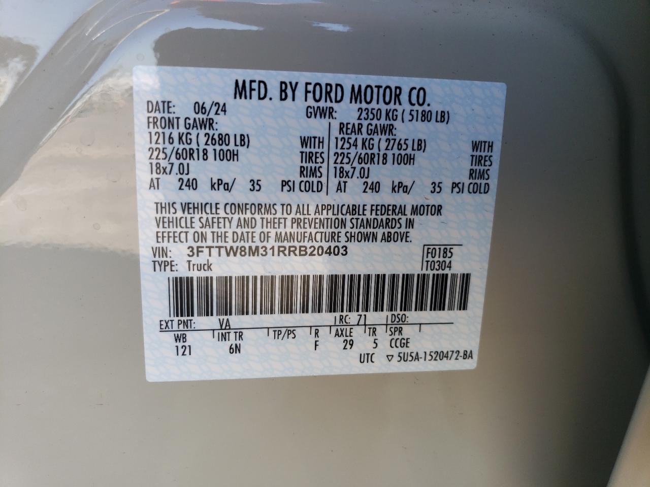 2024 FORD MAVERICK LARIAT VIN:3FTTW8M31RRB20403
