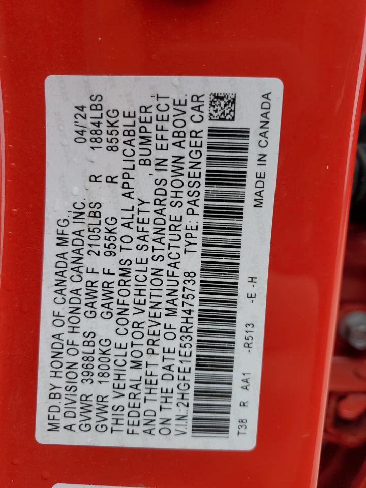 2024 HONDA CIVIC SI VIN:2HGFE1E53RH475738