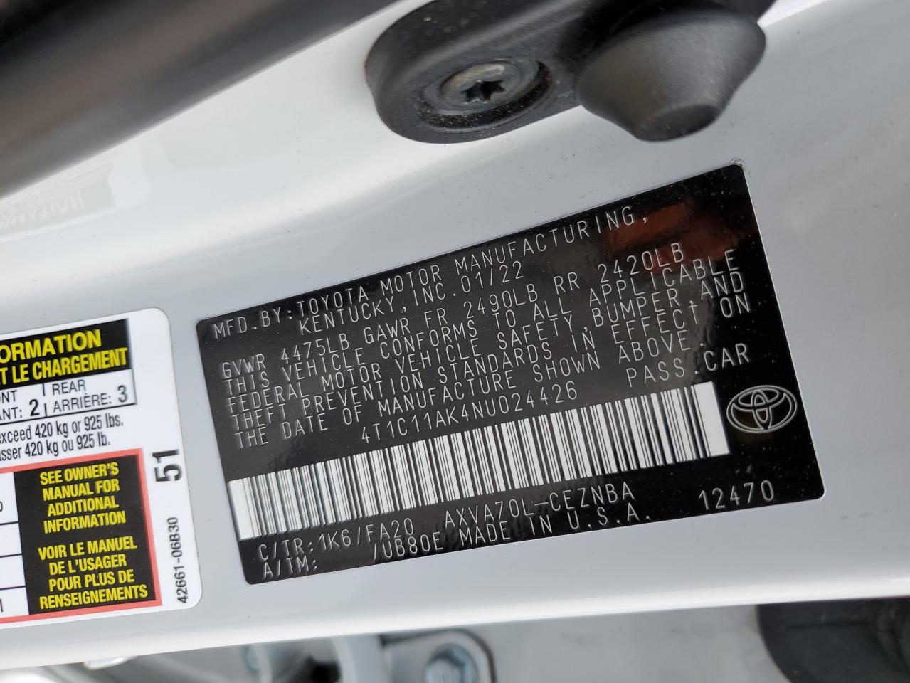 2022 TOYOTA CAMRY LE VIN:4T1C11AK4NU024426