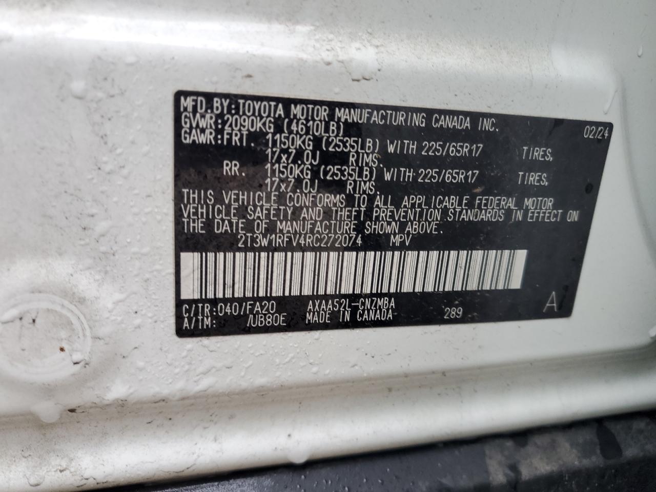 2024 TOYOTA RAV4 XLE VIN:2T3W1RFV4RC272074