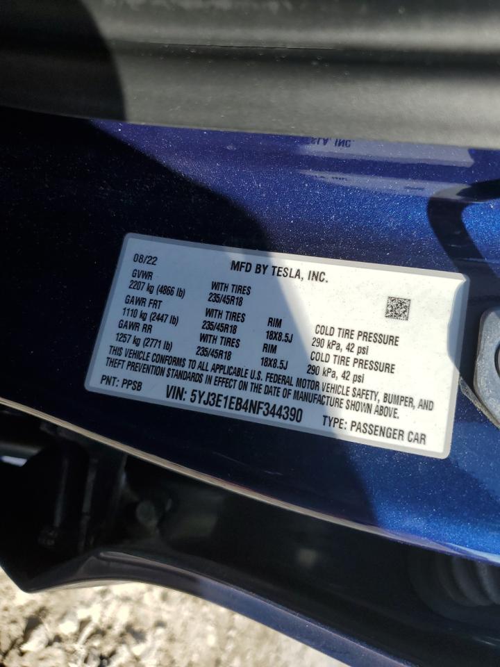 2022 TESLA MODEL 3 VIN:5YJ3E1EB4NF344390