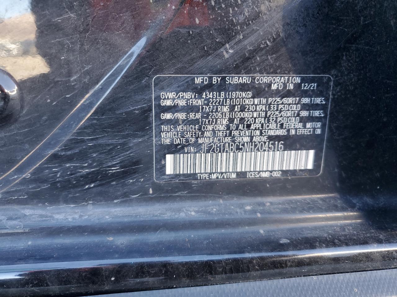 2022 SUBARU CROSSTREK VIN:JF2GTABC5NH204516