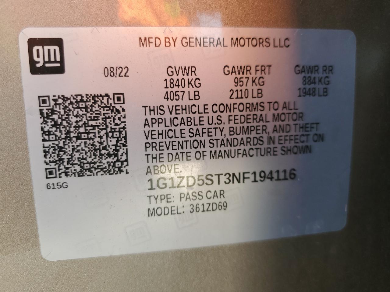 2022 CHEVROLET MALIBU LT VIN:1G1ZD5ST3NF194116